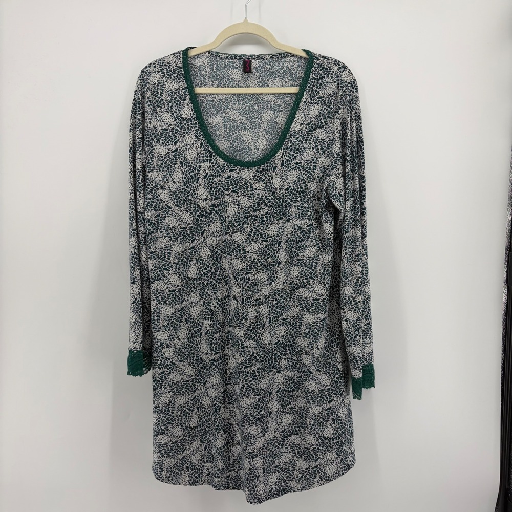 Maidenform Womens Medium Teal Animal Print Nightgown Lace Trim Long Sleeve